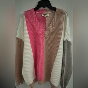 New 3x Haptics V-Neck Colorblock Sweater - Pink, White, Tan, Gray